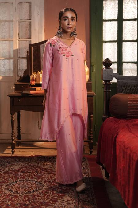 Shop_Midushi Bajoria_Pink Silk, Chanderi Embroidery V-neck Kurta Pant Set _Online_at_Aza_Fashions