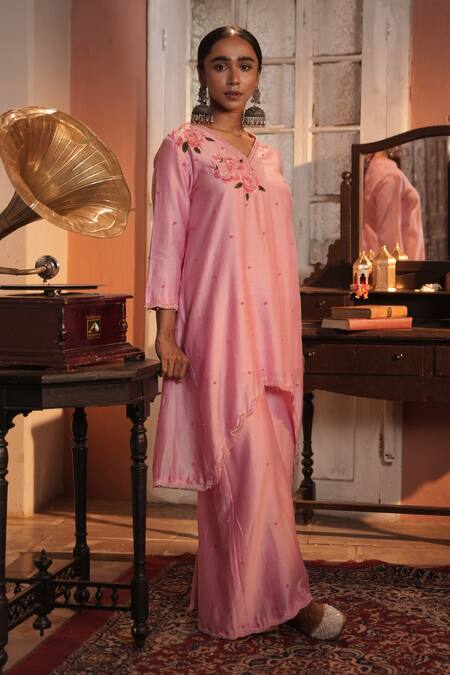 Shop_Midushi Bajoria_Pink Silk, Chanderi Embroidery V-neck Kurta Pant Set 