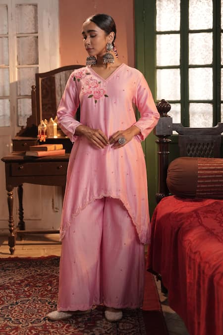 Midushi Bajoria Pink Silk Chanderi Kurta Pant Set 
