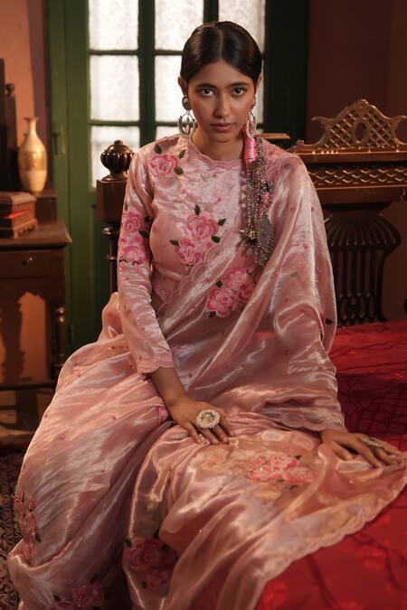 Buy_Midushi Bajoria_Pink Tissue Embroidery Round Neck Designer Salmon Saree Set _Online_at_Aza_Fashions