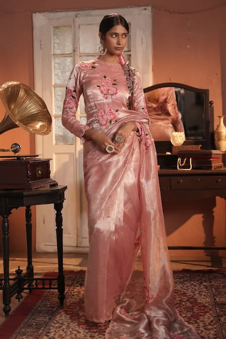 Shop_Midushi Bajoria_Pink Tissue Embroidery Round Neck Designer Salmon Saree Set _Online_at_Aza_Fashions