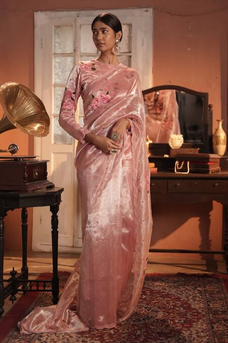 Shop_Midushi Bajoria_Pink Tissue Embroidery Round Neck Designer Salmon Saree Set 