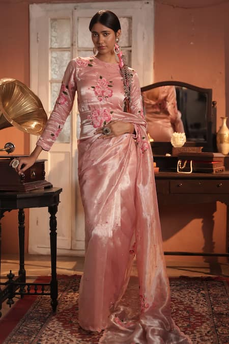 Midushi Bajoria Designer Salmon Pink Tissue Saree Set 
