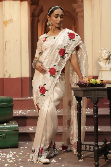 Midushi Bajoria_Silver Tissue Embroidery Round Neck Designer Saree With Floral _Online_at_Aza_Fashions