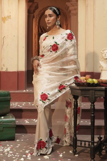 Shop_Midushi Bajoria_Silver Tissue Embroidery Round Neck Designer Saree With Floral _Online_at_Aza_Fashions