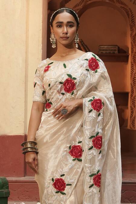Midushi Bajoria Silver Tissue Embroidery Round Neck Designer Saree With Floral at Aza Fashions Midushi Bajoria_Silver Tissue Embroidery Round Neck Designer Saree With Floral _at_Aza_Fashions