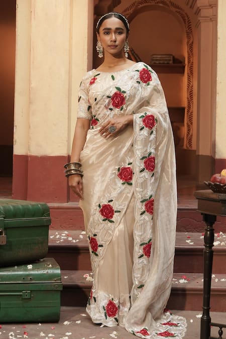 Midushi Bajoria Designer Silver Saree With Floral Embroidery 