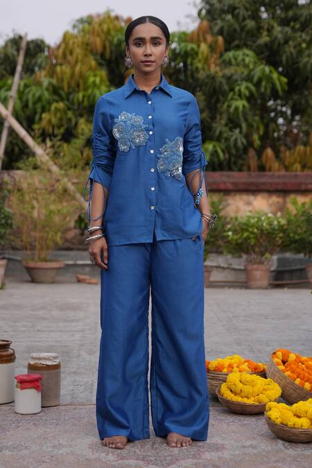 Midushi Bajoria_Blue Silk, Chanderi Embroidery, Sequins Collared Pant Set _Online_at_Aza_Fashions