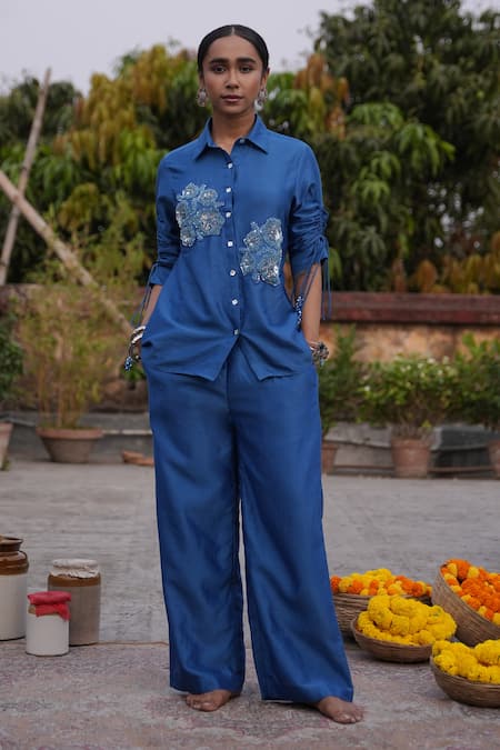 Midushi Bajoria Embroidered Blue Silk Chanderi Pant Set 