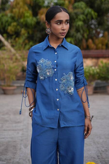Buy_Midushi Bajoria_Blue Silk, Chanderi Embroidery, Sequins Collared Pant Set _Online_at_Aza_Fashions