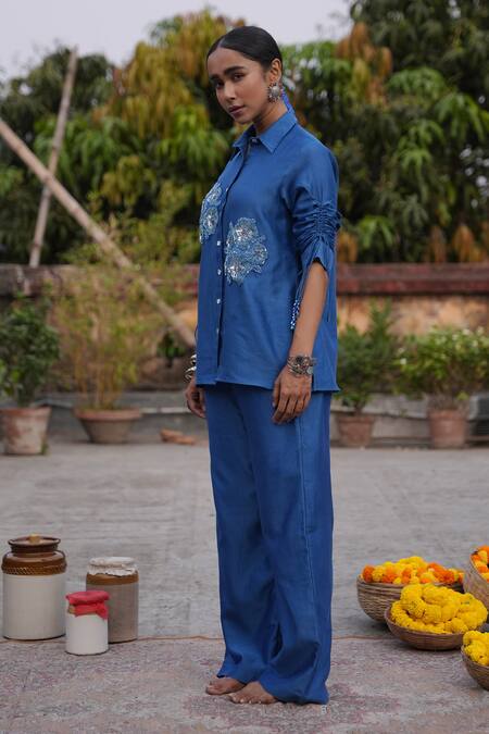 Shop_Midushi Bajoria_Blue Silk, Chanderi Embroidery, Sequins Collared Pant Set _Online_at_Aza_Fashions