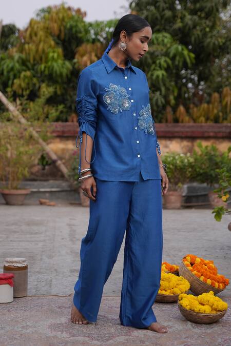 Midushi Bajoria_Blue Silk, Chanderi Embroidery, Sequins Collared Pant Set _at_Aza_Fashions