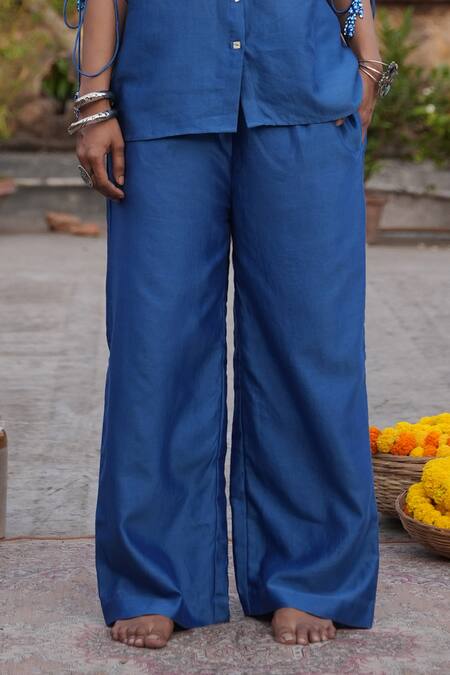 Buy Midushi Bajoria Blue Silk, Chanderi Embroidery, Sequins Collared Pant Set Buy_Midushi Bajoria_Blue Silk, Chanderi Embroidery, Sequins Collared Pant Set