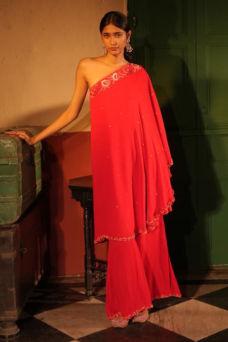 Midushi Bajoria Red Georgette Tunic & Sharara Set 