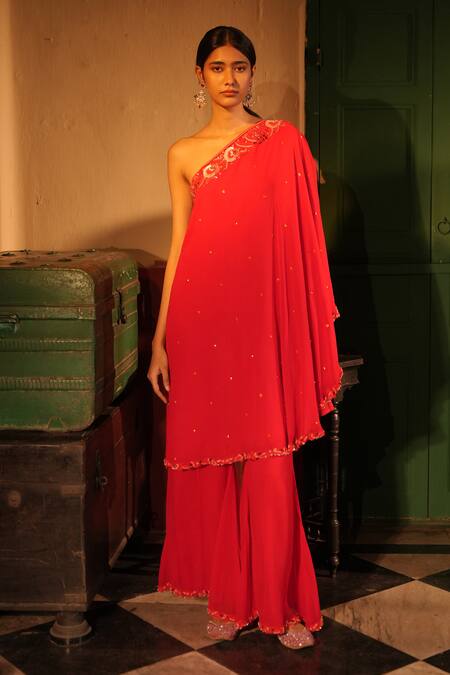 Midushi Bajoria_Red Georgette Sequins Off-shoulder Tunic And Sharara Set _Online_at_Aza_Fashions
