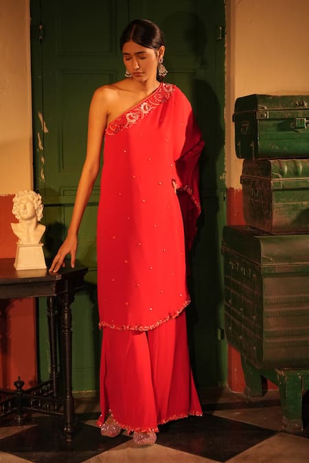 Midushi Bajoria Red Georgette Tunic & Sharara Set 