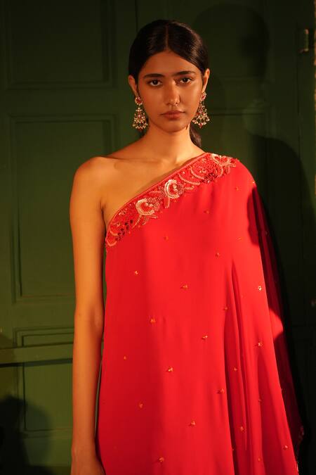 Buy_Midushi Bajoria_Red Georgette Sequins Off-shoulder Tunic And Sharara Set _Online_at_Aza_Fashions