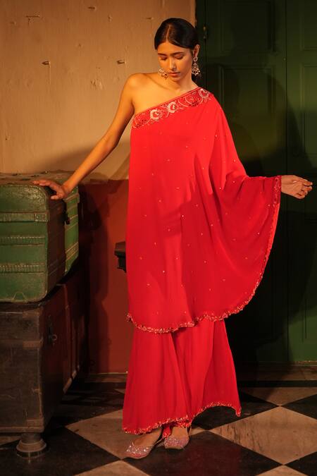 Shop_Midushi Bajoria_Red Georgette Sequins Off-shoulder Tunic And Sharara Set _Online_at_Aza_Fashions