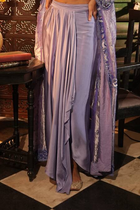 Buy Midushi Bajoria Purple Satin, Tissue Embroidery Round Neck, Jacket And Draped Skirt Set Online at Aza Fashions Buy_Midushi Bajoria_Purple Satin, Tissue Embroidery Round Neck, Jacket And Draped Skirt Set _Online_at_Aza_Fashions