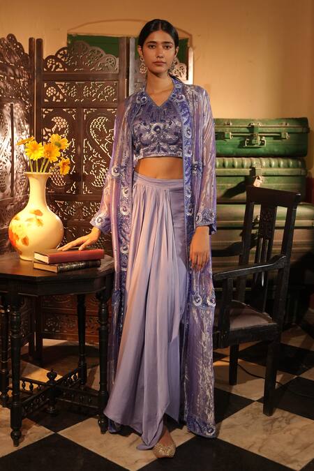Shop_Midushi Bajoria_Purple Satin, Tissue Embroidery Round Neck, Jacket And Draped Skirt Set _Online_at_Aza_Fashions