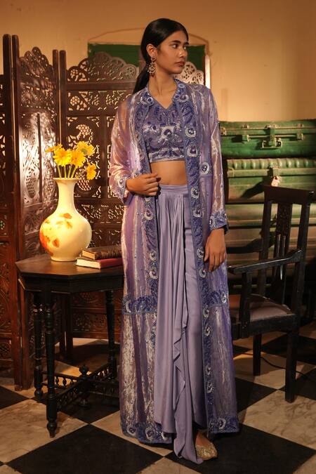 Midushi Bajoria_Purple Satin, Tissue Embroidery Round Neck, Jacket And Draped Skirt Set _at_Aza_Fashions