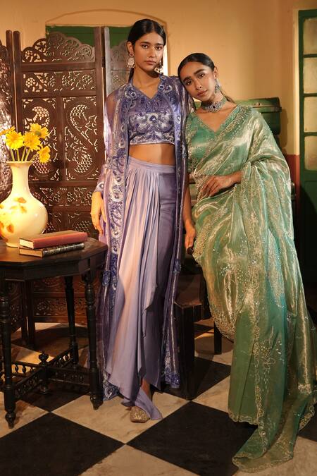 Buy_Midushi Bajoria_Purple Satin, Tissue Embroidery Round Neck, Jacket And Draped Skirt Set 