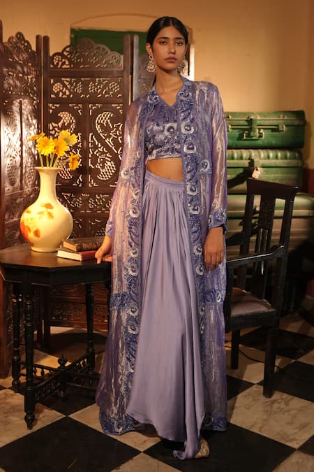 Midushi Bajoria Purple Satin Jacket & Draped Skirt Set 