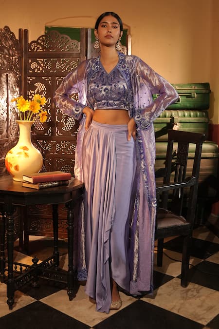 Midushi Bajoria Purple Satin Jacket & Draped Skirt Set 