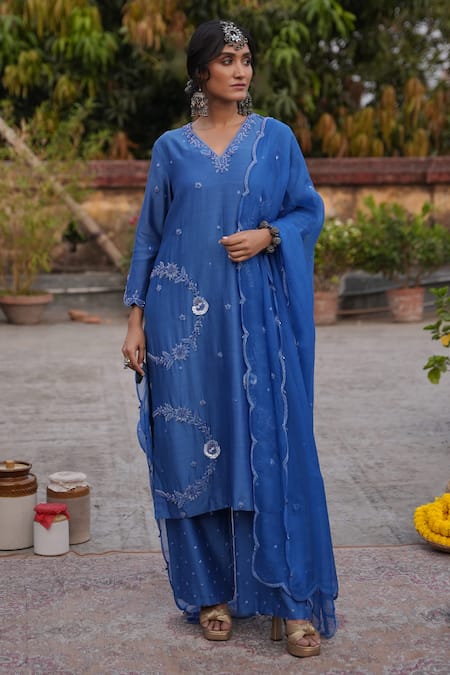 Midushi Bajoria Royal Blue Silk Chanderi Kurta Set 