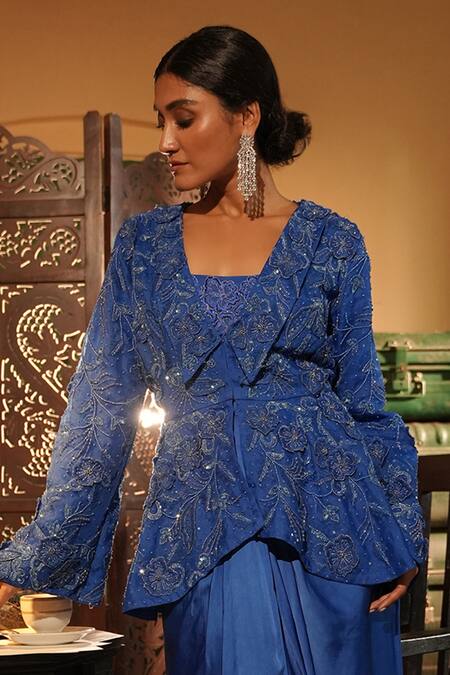 Buy_Midushi Bajoria_Blue Organza, Satin Embroidery V-neck, Designer Peplum Top And Draped Skirt Set _Online_at_Aza_Fashions
