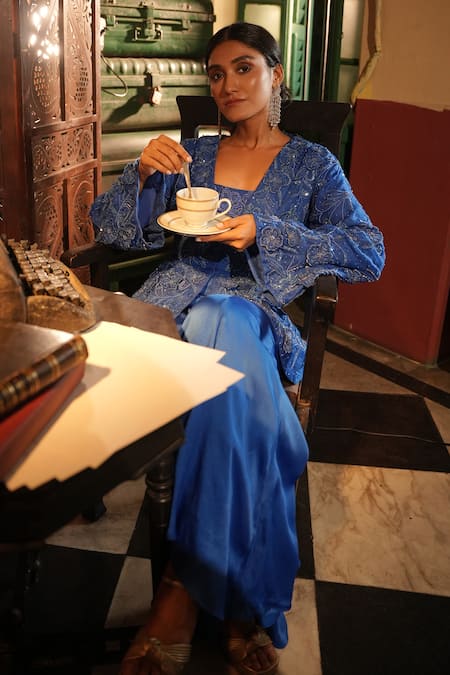 Shop_Midushi Bajoria_Blue Organza, Satin Embroidery V-neck, Designer Peplum Top And Draped Skirt Set _Online_at_Aza_Fashions