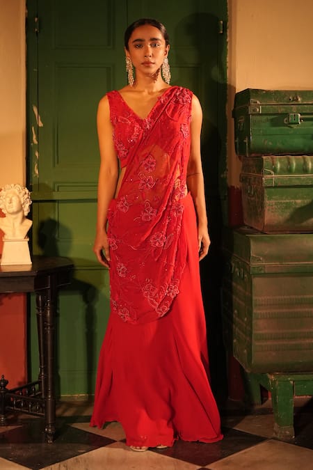 Midushi Bajoria_Red Georgette, Satin Embroidery V-neck Designer Pre-draped Saree And Blouse Set _at_Aza_Fashions
