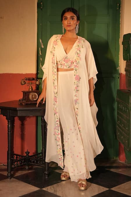 Midushi Bajoria Off White Floral Cape & Sharara Set 