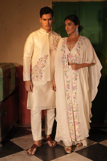 Buy_Midushi Bajoria_Off White Georgette Embroidery V-neck Floral Cape And Sharara Set _Online_at_Aza_Fashions