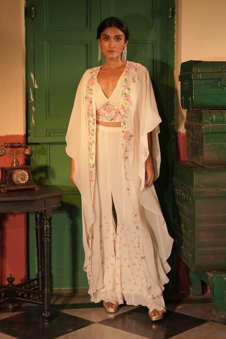 Shop_Midushi Bajoria_Off White Georgette Embroidery V-neck Floral Cape And Sharara Set _Online_at_Aza_Fashions