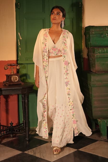 Buy_Midushi Bajoria_Off White Georgette Embroidery V-neck Floral Cape And Sharara Set 