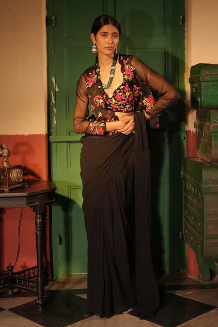Midushi Bajoria Black Organza Georgette Pre-Draped Saree Set 