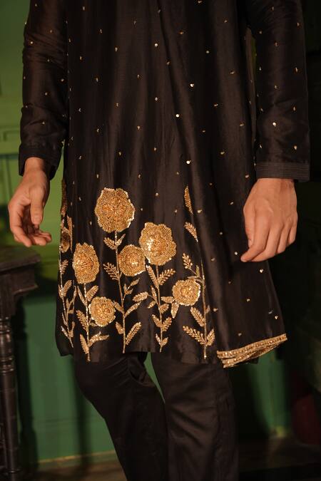 Shop_Midushi Bajoria_Black Silk, Chanderi Embroidery Kurta Set _Online_at_Aza_Fashions
