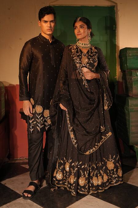 Shop_Midushi Bajoria_Black Silk, Chanderi Embroidery Kurta Set 