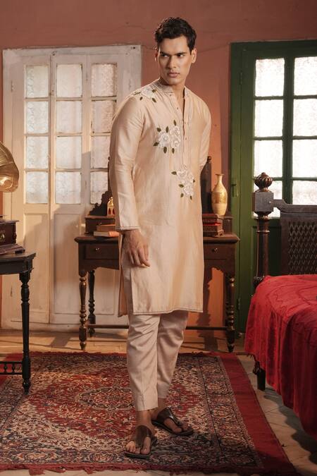 Shop_Midushi Bajoria_Cream Silk, Chanderi Embroidery Kurta Set 