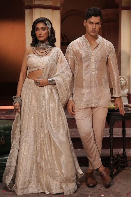 Shop_Midushi Bajoria_Silver Silk Embroidery Tissue Kurta Set _Online_at_Aza_Fashions