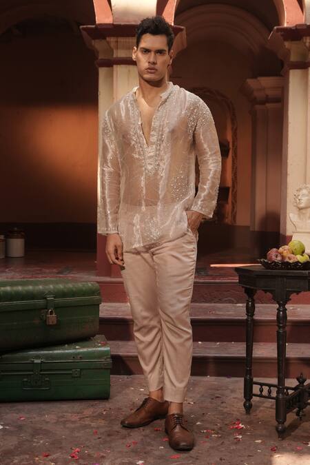 Midushi Bajoria_Silver Silk Embroidery Tissue Kurta Set _at_Aza_Fashions