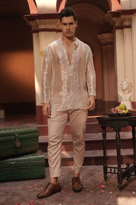 Buy_Midushi Bajoria_Silver Silk Embroidery Tissue Kurta Set 