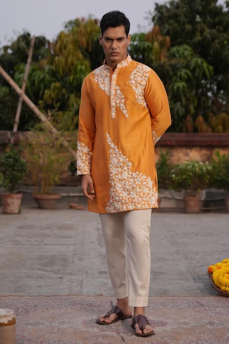 Buy_Midushi Bajoria_Yellow Silk, Chanderi, Cotton Embroidery Kurta Set _Online_at_Aza_Fashions