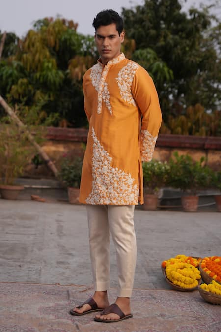 Shop_Midushi Bajoria_Yellow Silk, Chanderi, Cotton Embroidery Kurta Set _Online_at_Aza_Fashions