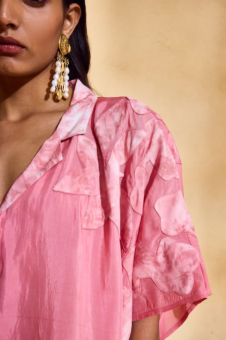 Shop_Echostudio_Pink Satin Embroidery Collared Pearl Co-ord Kurta Set _Online_at_Aza_Fashions