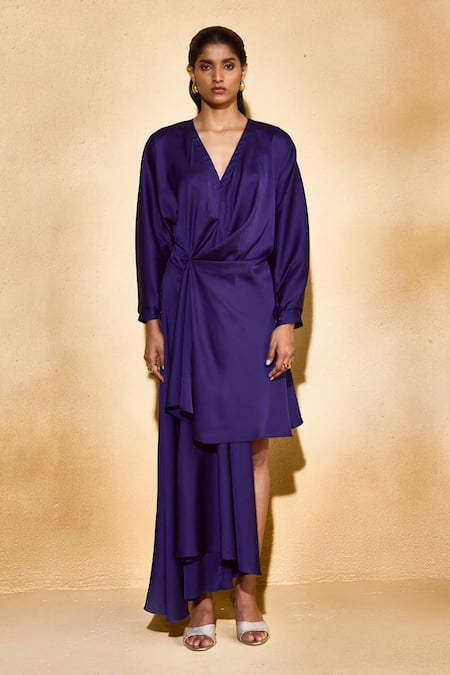 Echostudio_Purple Satin V-neck Lowe Designer Dress _Online_at_Aza_Fashions