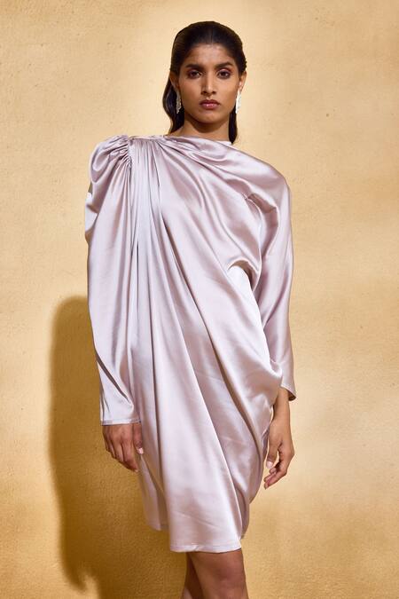 Buy_Echostudio_Silver Satin Asymmetric Luna Draped Dress _Online_at_Aza_Fashions