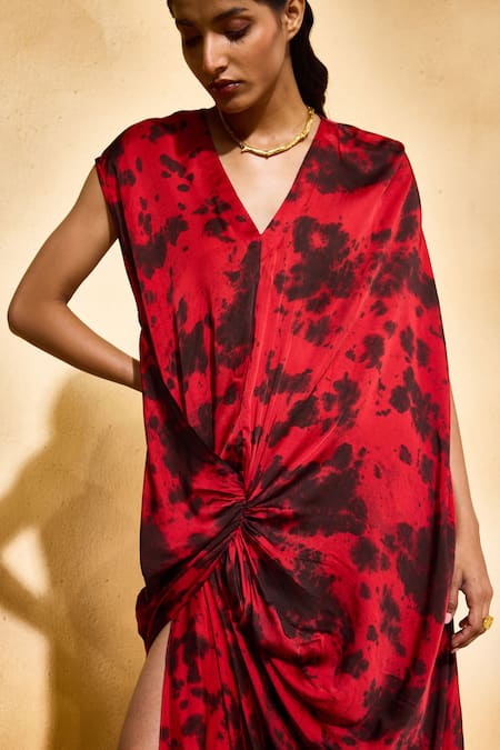 Buy_Echostudio_Red Satin V-neck Rayan Maxi Dress _Online_at_Aza_Fashions