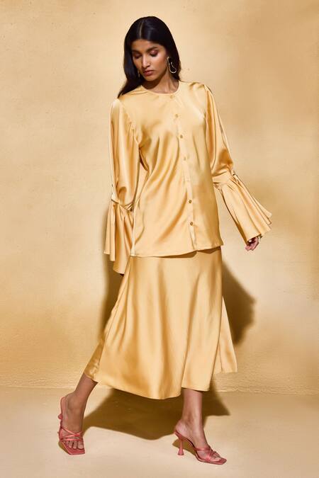 Echostudio_Yellow Satin Collared, Button-down Neck Celine Skirt And Top Set _Online_at_Aza_Fashions